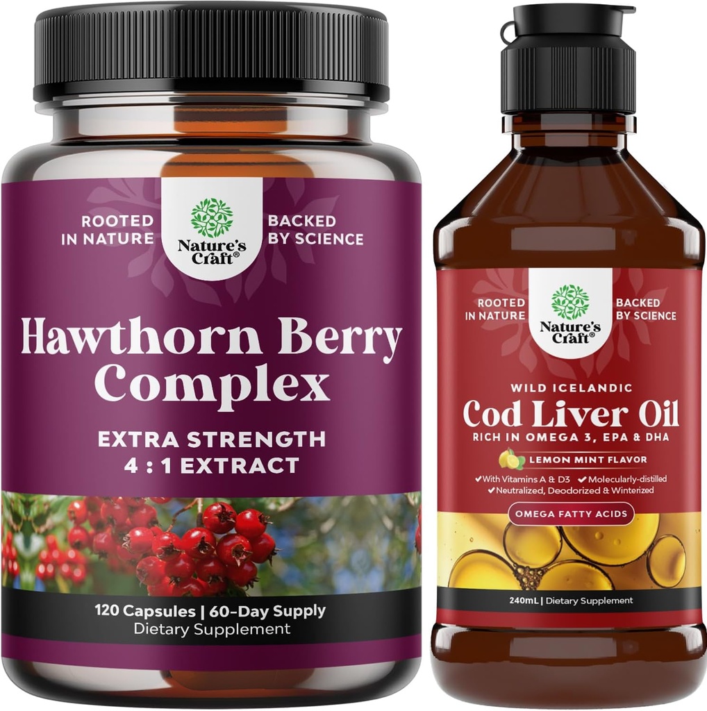 Ekstra Güçlü Hawthorn Berry Capsules Hawthorn Extract Digestion and Heart health Supplement and İzlandaic Cod Liver Oil Liquid Wild Caught Nordic Omega 3 Fish Oil Liquid for Yetişkinler and Kid