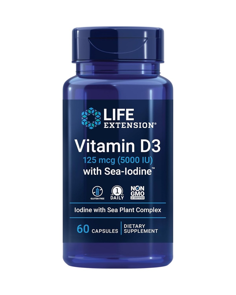 Sea-IodineTM ile Life Extension Vitamin D3, 125 mcg (5000 IU) – Immune Support, Bone Health, Thyroid Health – 1 Daily, Gluten-Free, Non-GMO – 60 Capsules