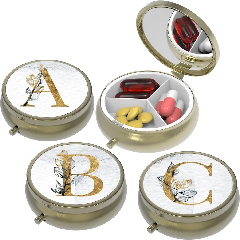 Küçük Pill Box,Pill Case for Purse&Pocket,3 Karşılaştırma Seyahat Pill Vaka İlaçları Vitaminler, Pills, Fish Oil ve Earrings, Studs,Bronze-3Round(ABC) için Organize Deposu