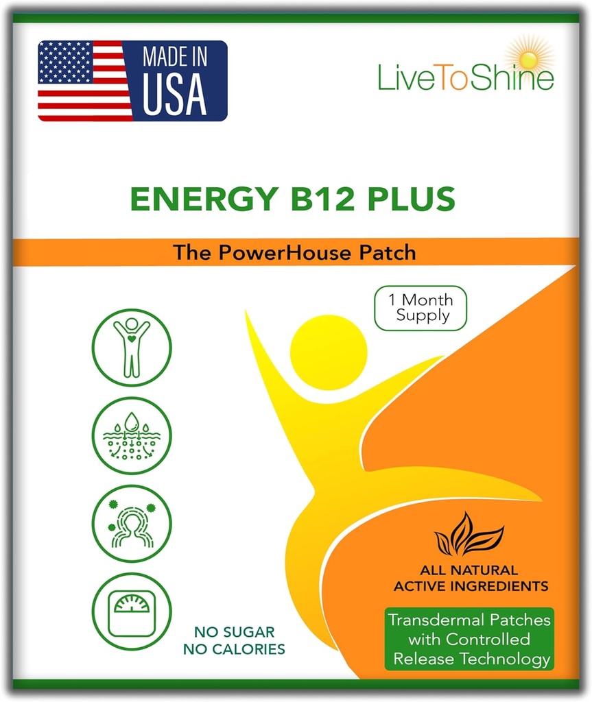 Shine B12 Energy Plus Topical Patch - Energy and Focus Support for Women and Men - 30 Günlük Supply - USA Made