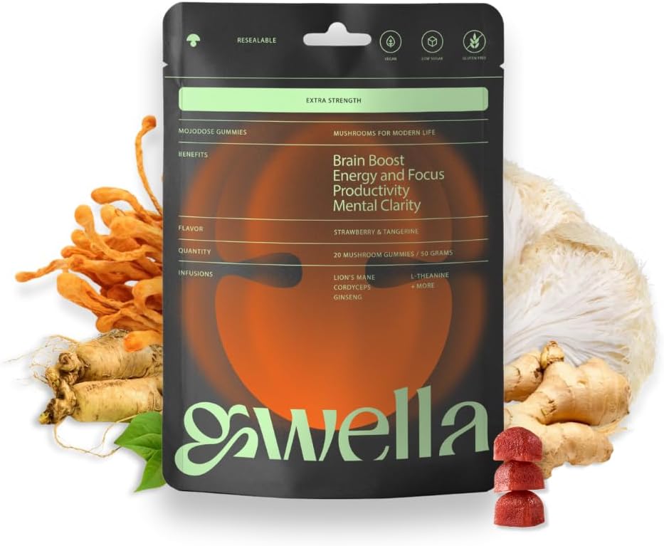 Gwella Focus Gummies with Lion's Mane, Panax Ginseng, Ginger Root, Cordyceps, SAM-e, and Nootropics, Energy and Focus Supplement, Vegan, Strawberry Tangerine (20 Count - Pack of 1)