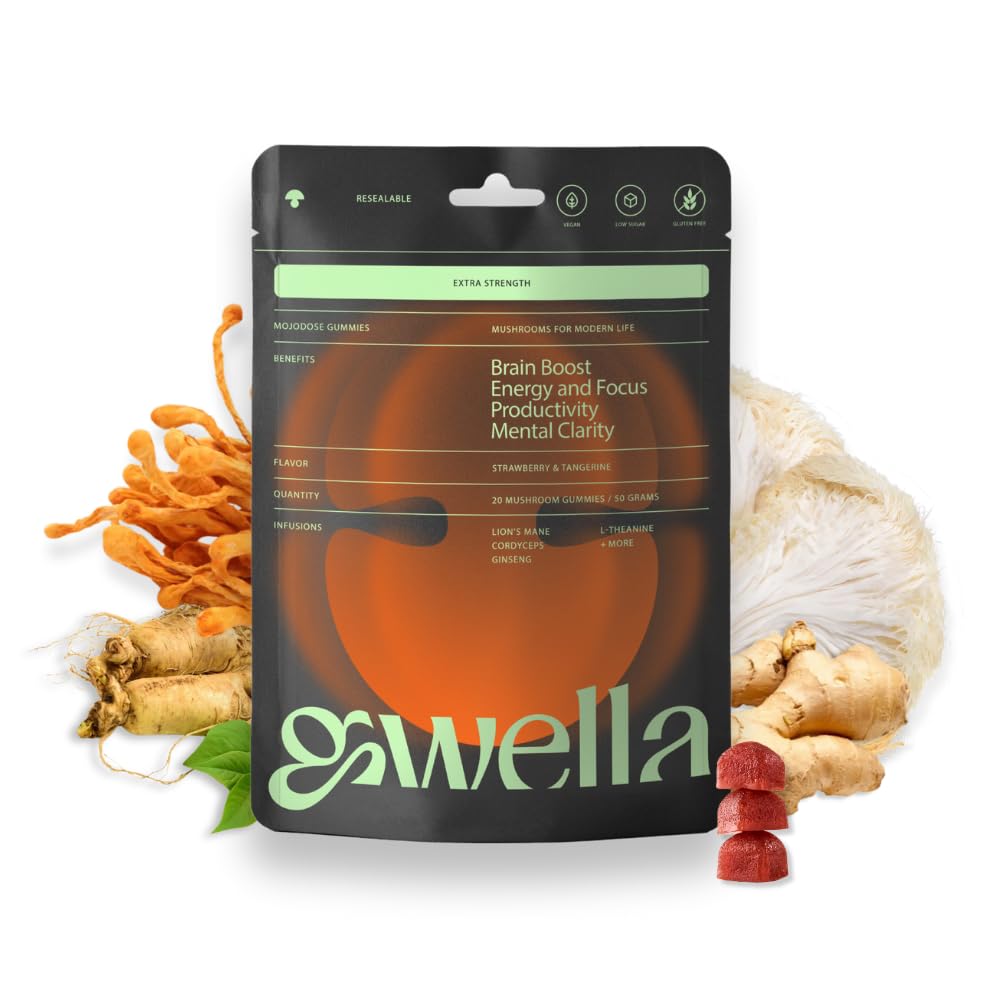 Gwella Focus Gummies with Lion's Mane, Panax Ginseng, Ginger Root, Cordyceps, SAM-e, and Nootropics, Energy and Focus Supplement, Vegan, Strawberry Tangerine (20 Count - Pack of 1)