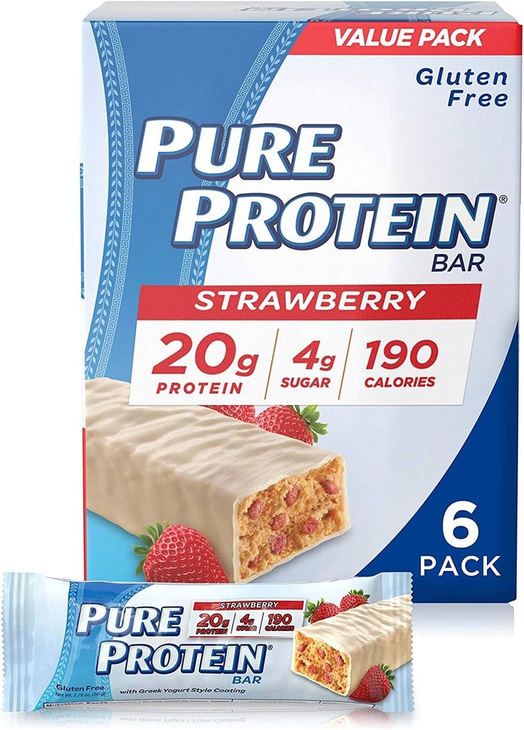 Pure Protein Bars, High Protein, Nutritious Snacks to Support Energy, Low Sugar, Gluten Free, Strawberry Greek Yogurt, 1.76oz, 6 Pack