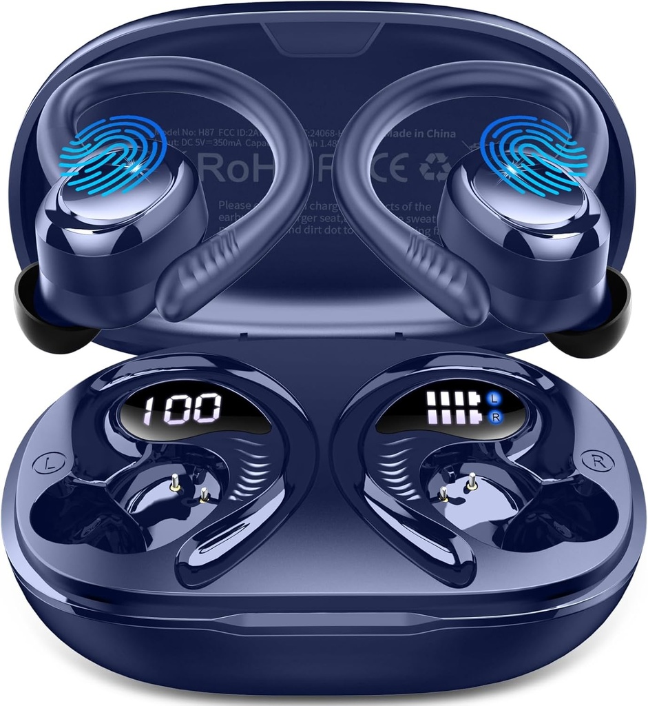 Kablosuz Earbuds Sport, 2025 Bluetooth 5.4 Earhooks, 50H Stereo Deep Bass Over Ear Buds with 4 ENC Gürültü Canceling Mics, IP7 Su Earphones for Run Workout Gym - Blue