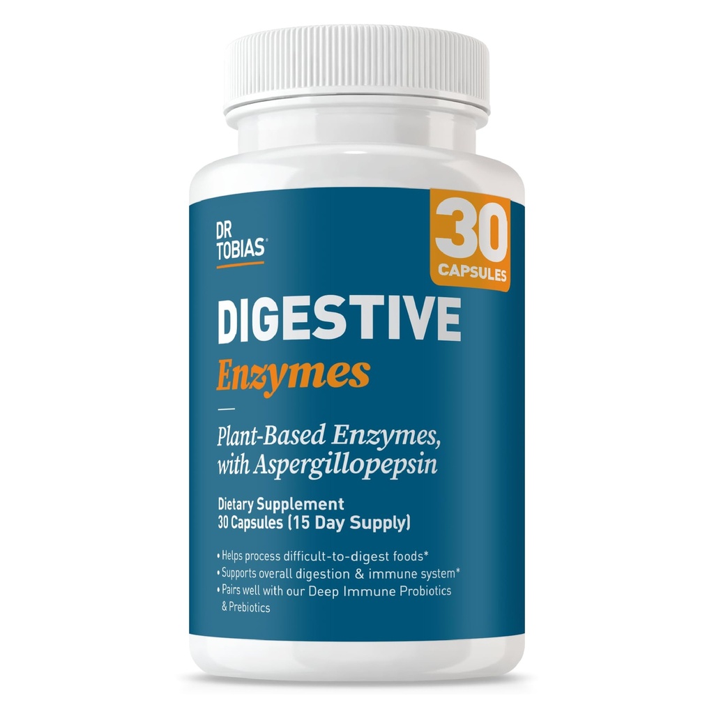 Dr. Tobias Digestive Enzymes Digestion Supplement with 18 Enzymes for Digestion and Gut Health | Includes Amylase Bromelain Lipase Lactase Protease Papain & More (30 Capsules 15 Servings)