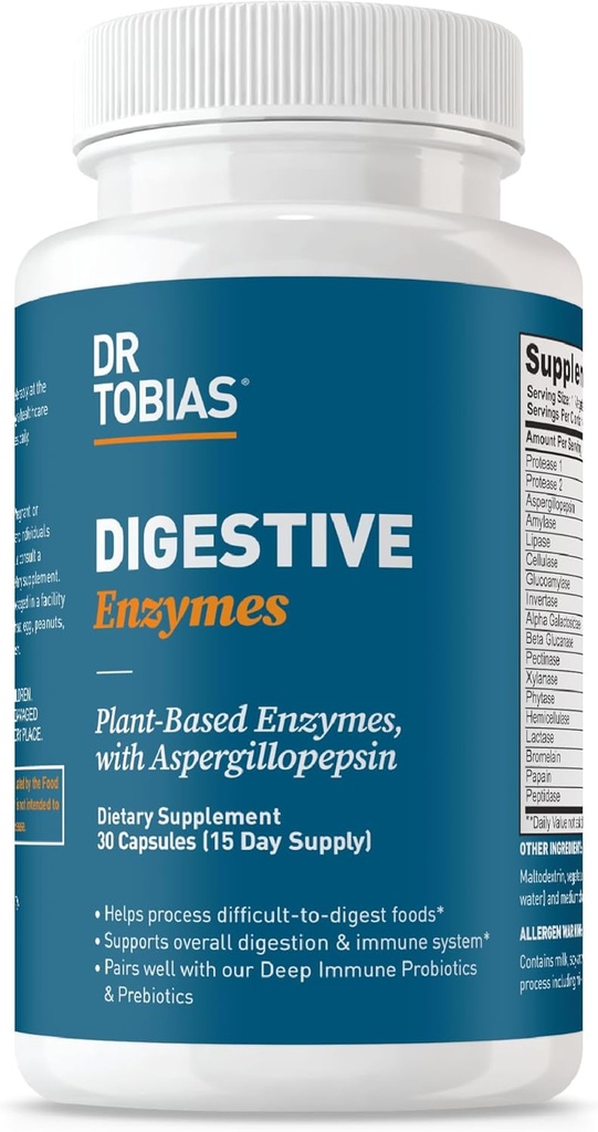 Dr. Tobias Digestive Enzymes with Amylase, Bromelain, Lipase, Lactase, Protease, Papain & More, Digetion Supplement with 18 Enzymes for Digestion and Gut Health, 30 Capsles, 15 Servings