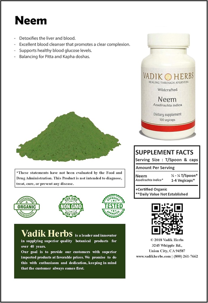 Sertifikalı Organik Vadik Herbs Neem (Azadirachta Indica) Toz 1lb. Pack | Mükemmel Blood Cleanser, Sağlıklı Kan Glucose Seviyelerini Destekler, Pitta ve Kapha Doshas için Balancing