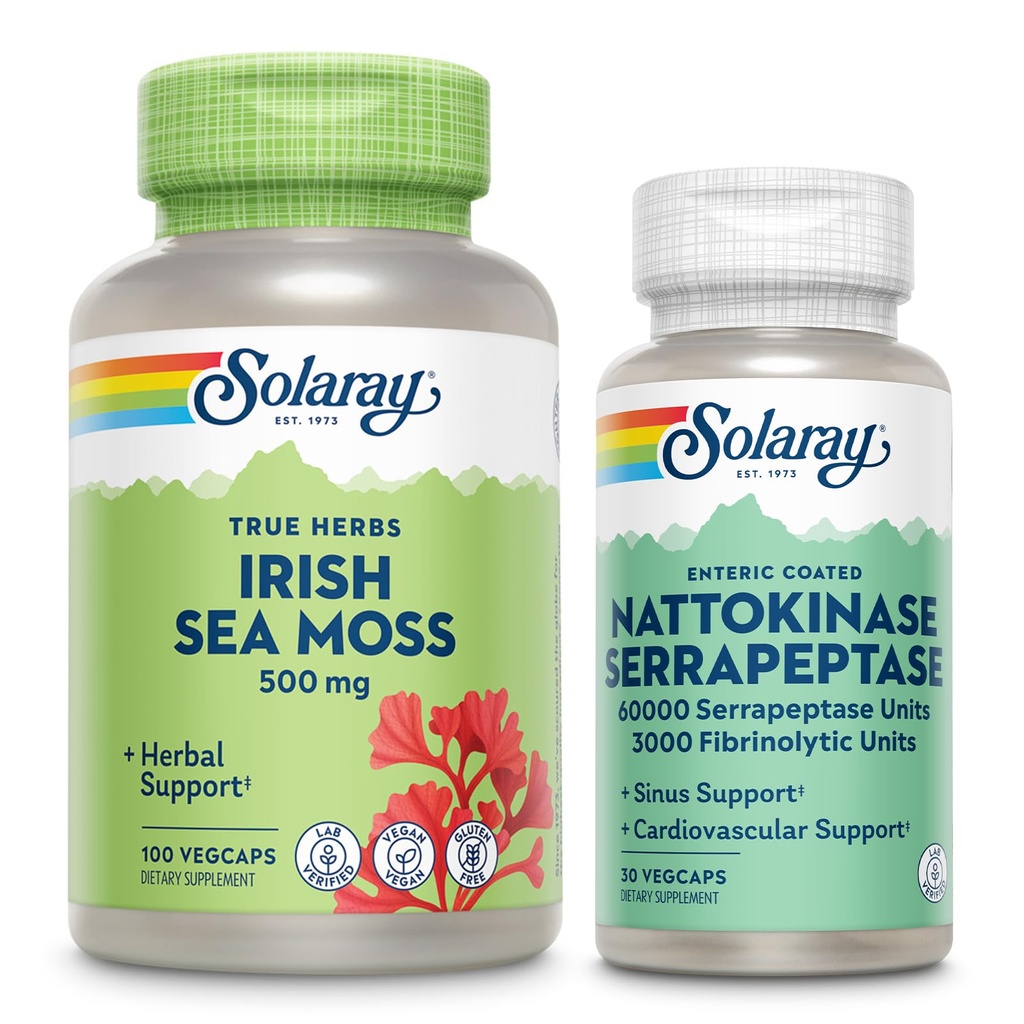 SOLARAY İrlandalı Deniz Moss 500 mg ve Nattokinase Serrapeptase Supplement - Doğal Occurring Vitaminleri, Mineraller - Gut Health, Sinus, Kalp Sağlığı Desteği, 60-Day Garanti, 100/30ctase Supplement - Wellness Sche with Natural Occurring Vitamins, Minerals - Gut Health, Sinus, Heart Health Support, 60-Day Garanti, 100/30ctaz