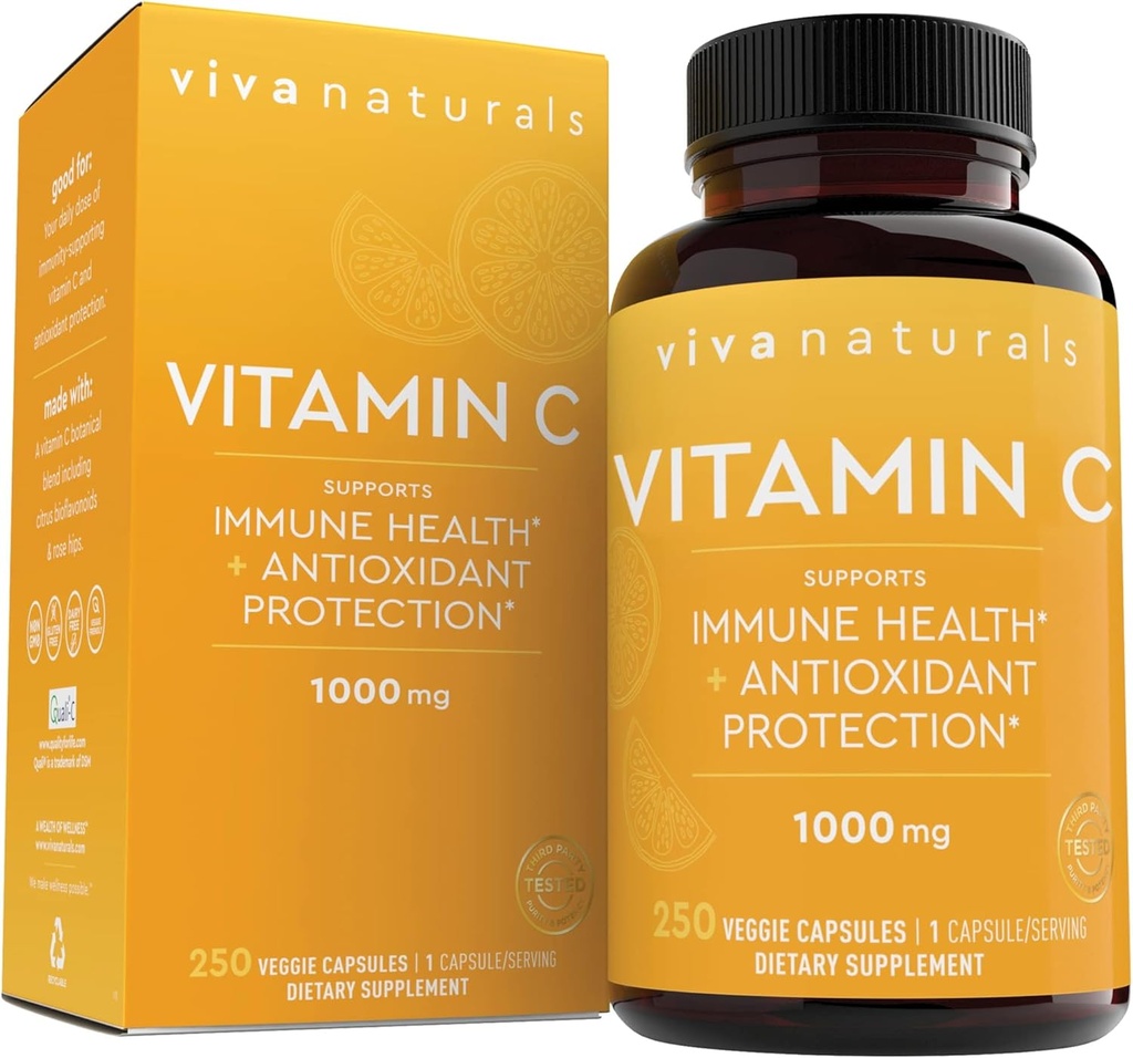 Viva Naturals Vitamin C, 1000 mg, 250 Vejetaryen Capsules - Citrus Bioflavonoyak & Rose HIPS, Non-GMO for Immune Support & Antioksi Koruma