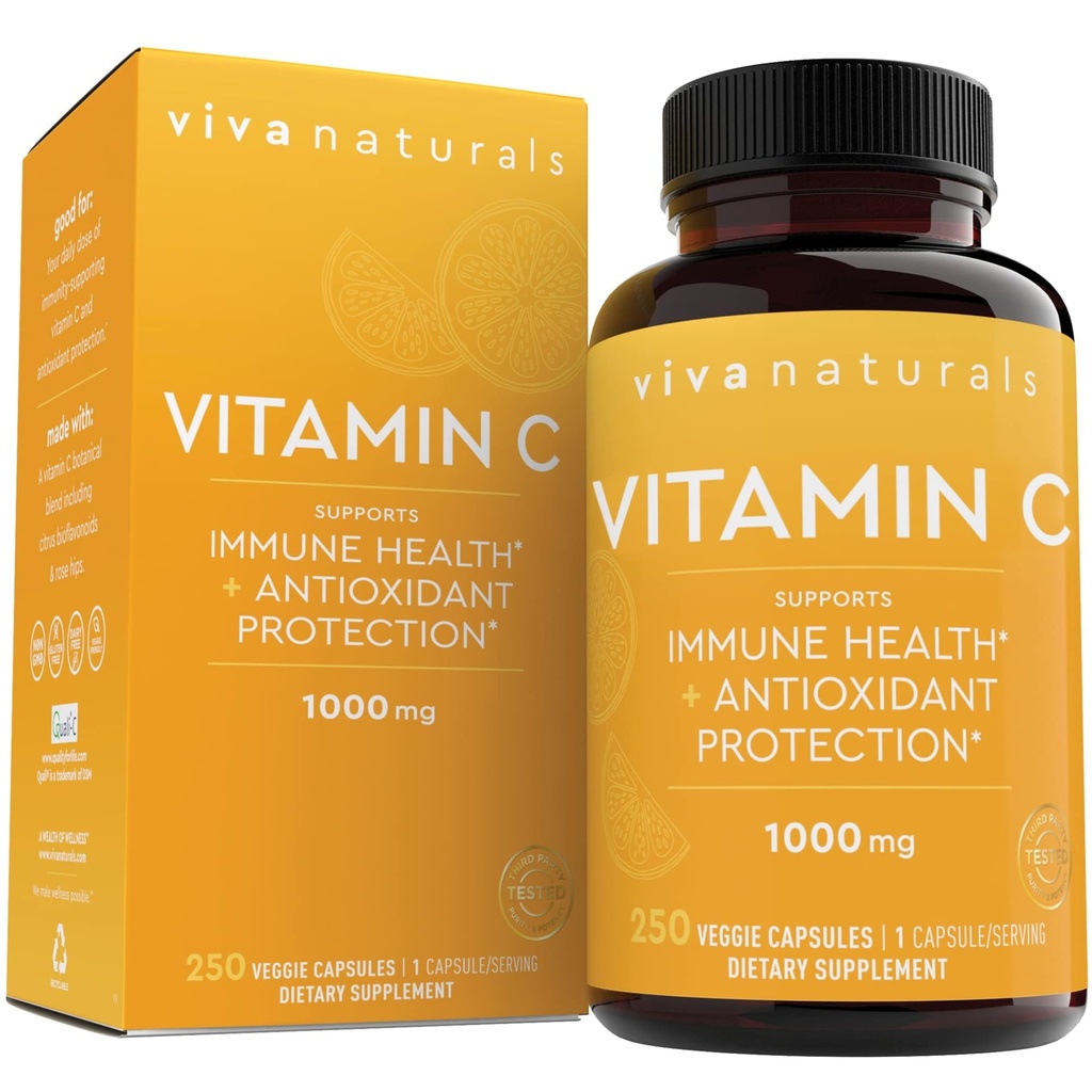 Viva Naturals Vitamin C, 1000 mg, 250 Vejetaryen Capsules - Citrus Bioflavonoyak & Rose HIPS, Non-GMO for Immune Support & Antioksi Koruma