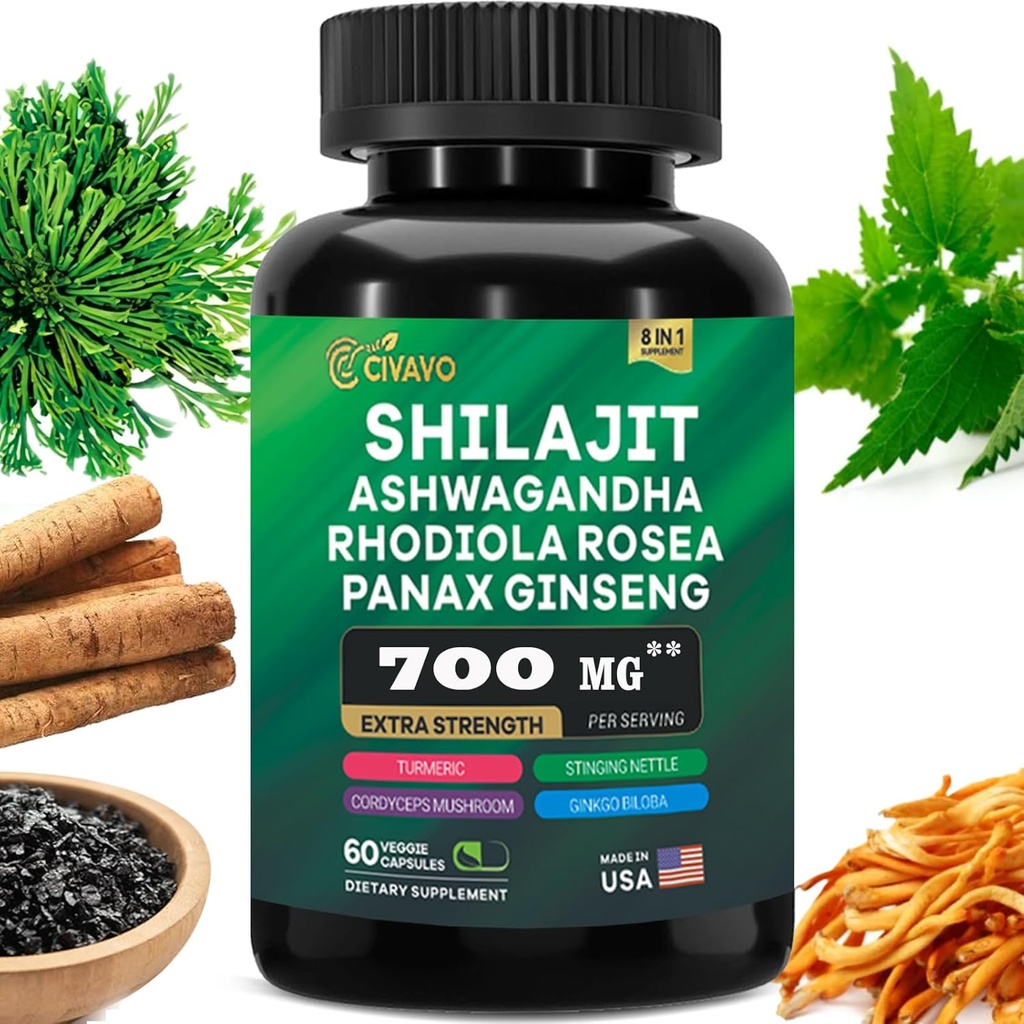 Shilajit Pure Himalayan 9000MG, Ashwagandha 2000MG, Rhodiola Rosea 1000MG, Panax BTC 1500MG, Turmeric 500MG, Gingko Biloba 500MG, Sting Nettle 250MG, Cordyceps Mushroom 500MG