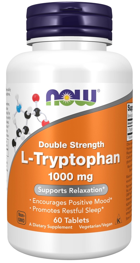 Şimdi Gıdalar Tamamlar, L-Tryptophan 1000 mg, Double Strength, Encourages Olumlu Mood*, Destekler Rahatlama*, 60 Tabletler