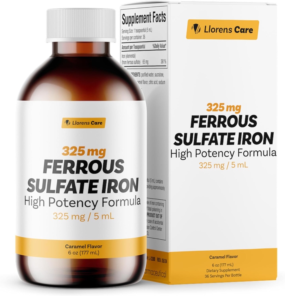 Ferrous Sulfate 325 mg Sıvı Demir, Llorens Care tarafından Elemental Iron 65mg - 6 oz - Caramel Flavor (6 oz, Caramel)