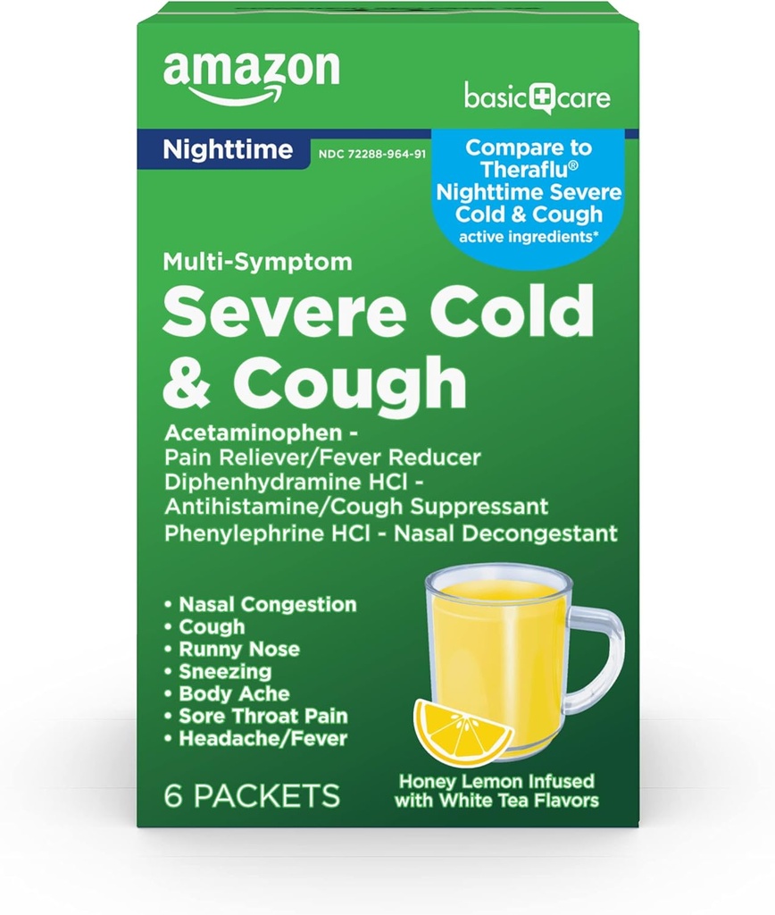 Temel Bakım Gecesi Soğuk, Flu ve Cough Suppressant Tıp Tozu, Ağrı Reliever/Fever Function, Nasal Decongestant, Antihistamine, Honey Lemon Beyaz Çay Flavors ile bir araya geldi, 6 Kont