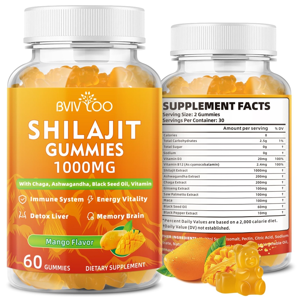 Shilajit Gummies 1000mg Χωρίς ζάχαρη - Shilajit συμπλήρωμα για άνδρες και γυναίκες - High in 85+ Trace Minerals & Fulvic Acid - Ενέργεια, Εγκέφαλος, Ανοσία - 60 Gummies
