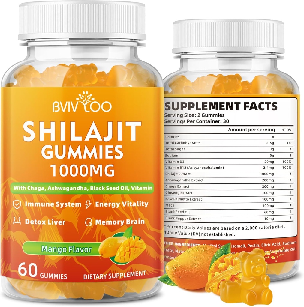 Shilajit Gummies 1000mg Χωρίς ζάχαρη - Shilajit συμπλήρωμα για άνδρες και γυναίκες - High in 85+ Trace Minerals & Fulvic Acid - Ενέργεια, Εγκέφαλος, Ανοσία - 60 Gummies