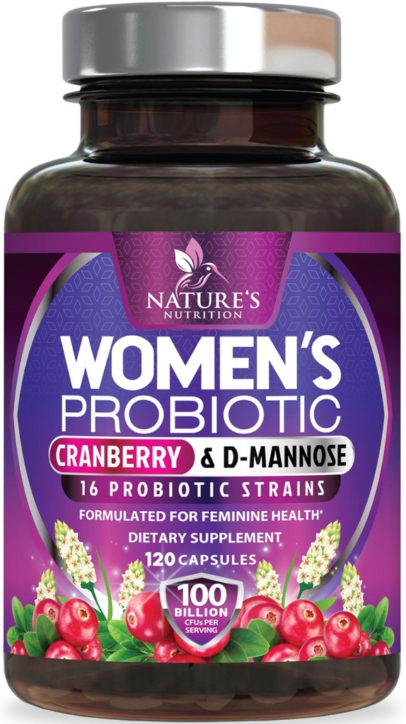 Kadınlar için 60 milyar CFU - 16 Strains, Prebiyotiks & Cranberry, PH Balance, Digestive Health, Vaginal & Immune Support, Womens Probiyotik for Gut Health, Raf Stable - 120 Capsules & Cranberry