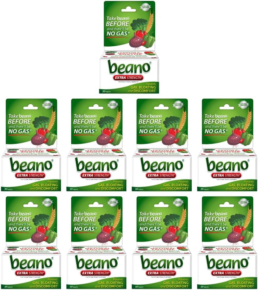 Beano Extra Strength, Digestive Enzyme Supplement, Prevents Gas, Bloating and Discomfort (Packaging May Vary) 30 Count Each (Pack of 9)