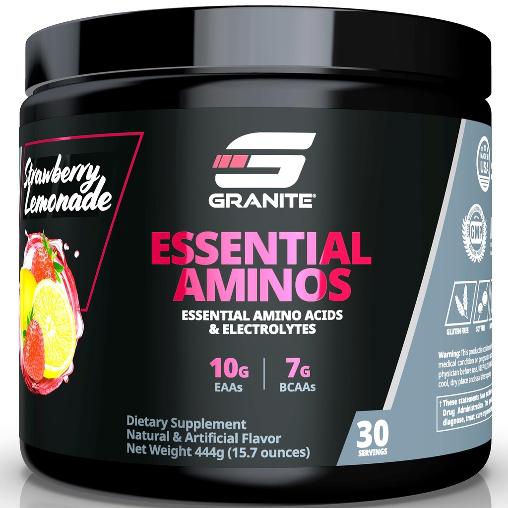 Granite Essential Amino Asits Tozu Kas Kurtarma ve Büyüme için 10g EAAs ve 7g BCAAs - Soy-Free, Gluten-Free, 448g (30 hizmet), Strawberry Lemonade