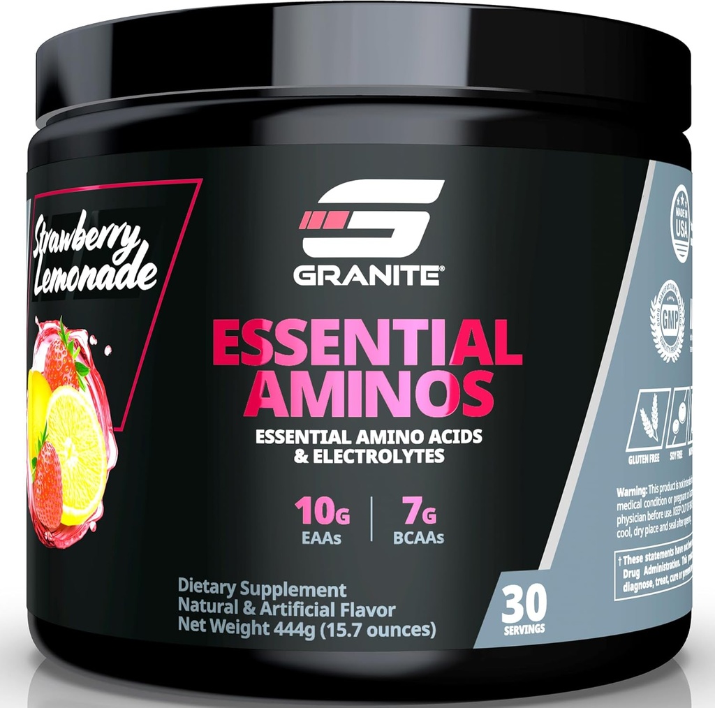 Granite Essential Amino Asits Tozu Kas Kurtarma ve Büyüme için 10g EAAs ve 7g BCAAs - Soy-Free, Gluten-Free, 448g (30 hizmet), Strawberry Lemonade