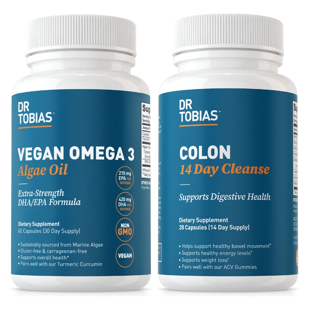 Dr. Tobias Vegan Omega 3 Algae Oil and Colon 14 Ημέρα καθαρισμού για βελτιωμένη πέψη, κόκκαλο & ανοσοποιητική υποστήριξη, και γενική υγεία