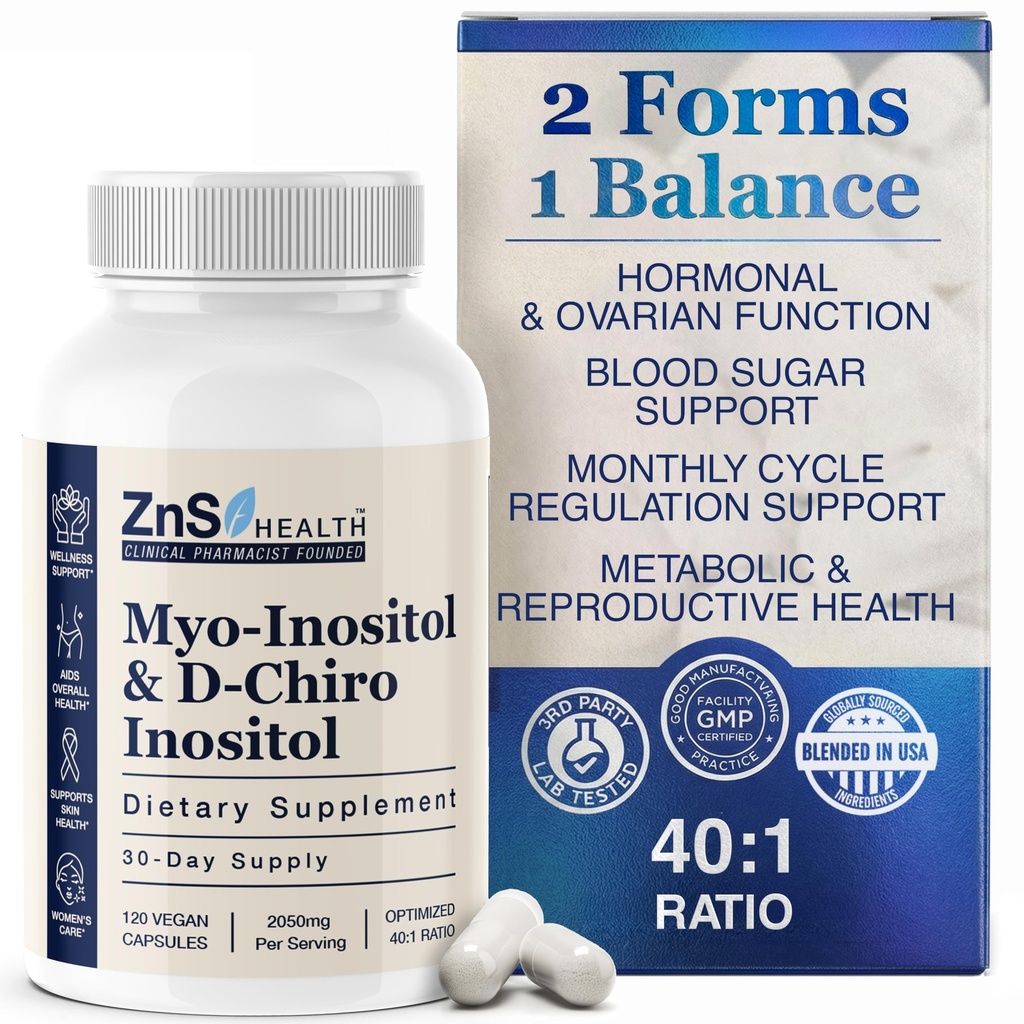 ZnS Myo-Inositol & D-Chiro Inositol Supplement | Hormonal Denge & Menstrual Cycle Support | 40:1 Ideal Oran | Ovarian Health & Ferttitude | 2050mg | 30-Day Vegan Capsules