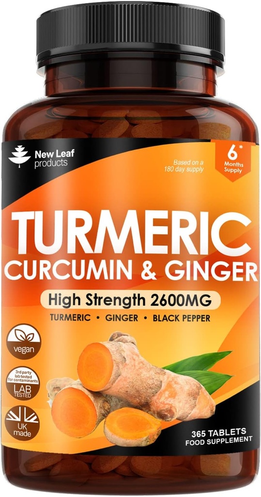 Turmeric Tabletler - Black Pepper & Ginger (365 Tablet) Active 95 Turmeric Curcumin Supplements, Vegan, GMP, GMO Free Gluten Free, UK Made by New Leaf