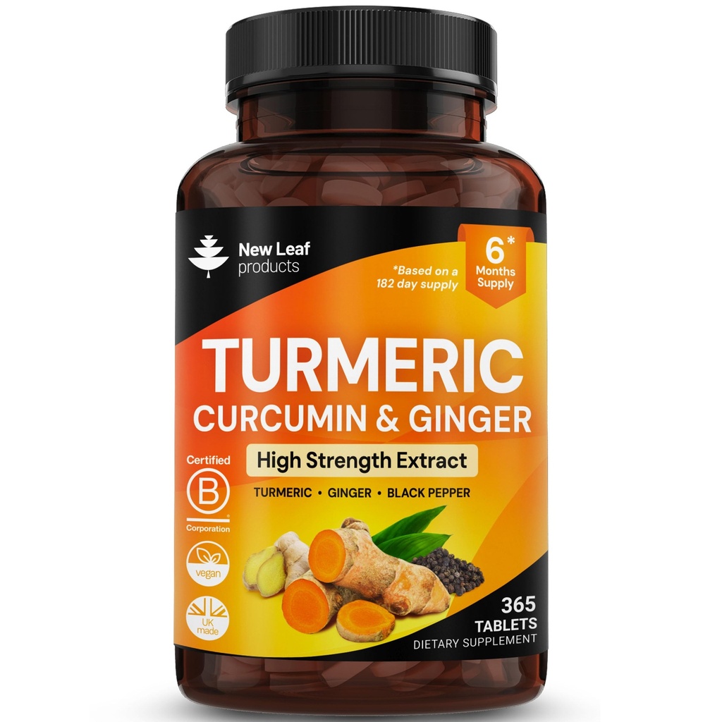 Turmeric Tablets - Εκχύλισμα υψηλής αντοχής με Μαύρο Πιπέρι & Ginger (365 δισκία) Ενεργά 95% Turmeric Curcumin Supplements, Vegan, GMP, GMO Free Gluten Free, UK Made by New Leaf