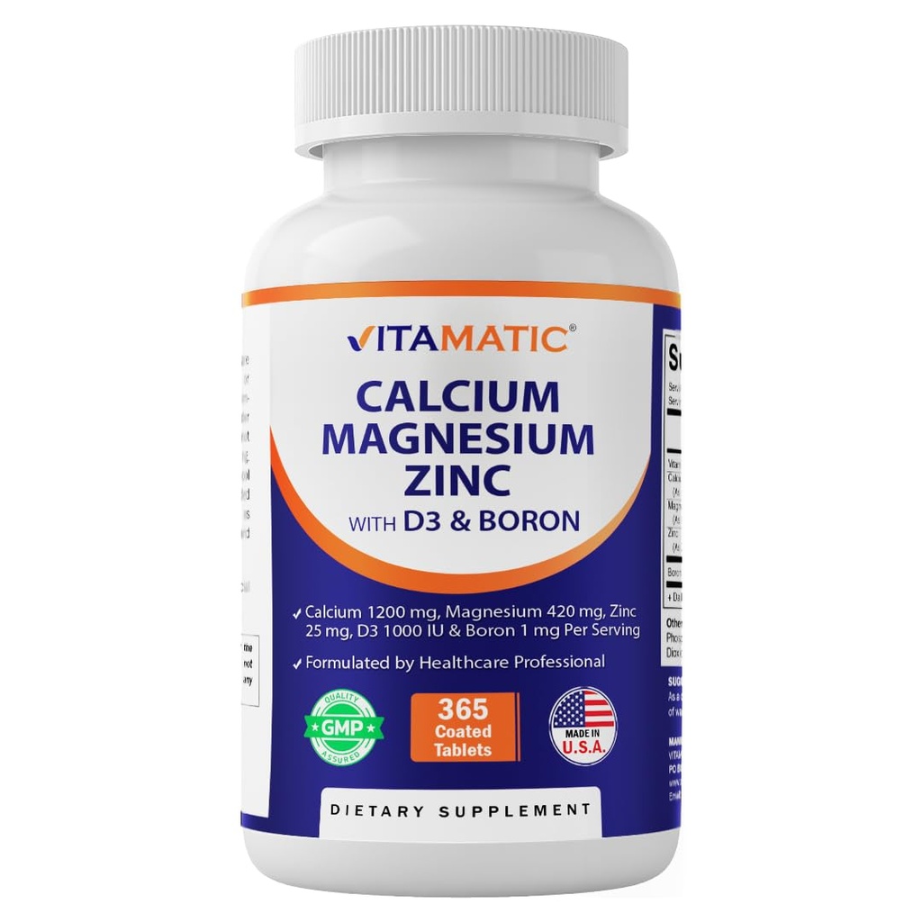 Vitamaticuba çinko Magnezyum D3 Boron | 365 kapaklı Tabletler Tamam | Kalsiyum 1200 mg, Magnezyum 420 mg, çinko 25 mg, Vitamin D3 1000 IU, Boron 1 mg | Non-GMO | Gluten Free | Made in USA