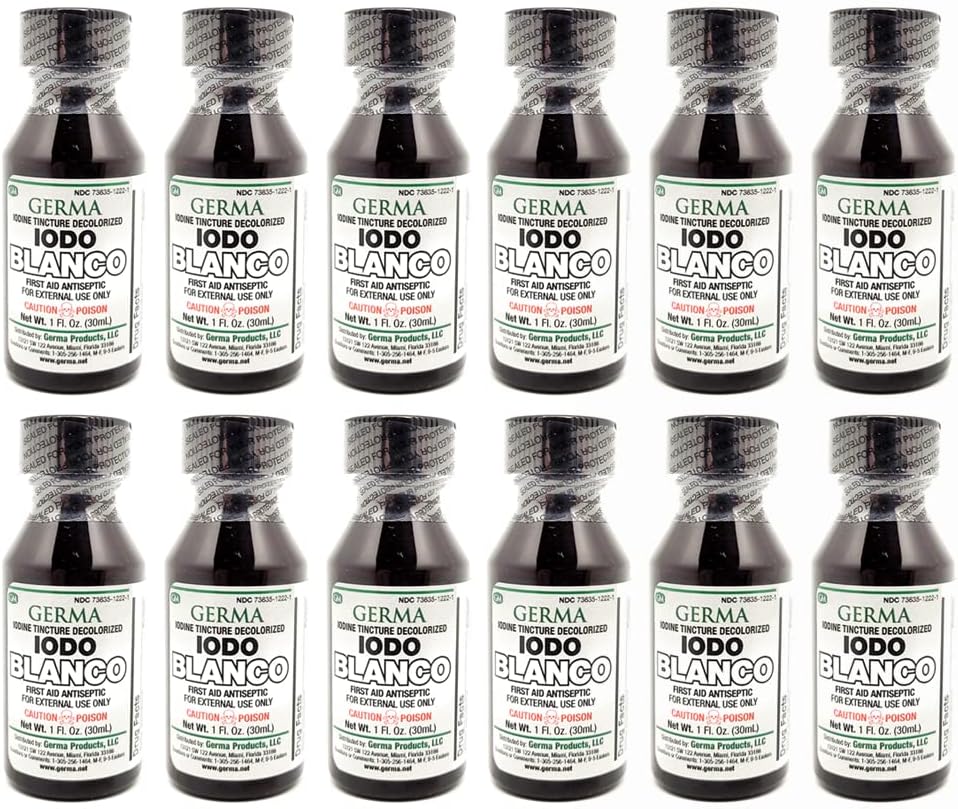 Germa White Iodine Tincture. İlk Yardım Antiseptic. for Minor Boates, Cuts, Bruises and Burns. Skin Enfeksiyonunu önler. 1 oz. 12