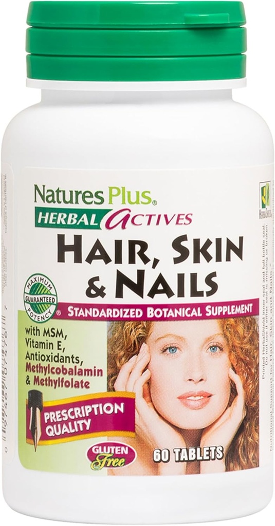 Natures Plus Hair, Skin & Nails - 60 Vegan Tablets - Παρέχει δύναμη και ελαστικότητα στο δέρμα & τα νύχια μαλλιών - Χορτοφαγικά, χωρίς γλουτένη - 30 Σερβιέτες