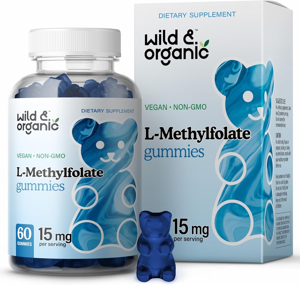 Wild & Organic L-Methylfolate 15mg Gummies - Mood & Brain Support - Brain, Focus, Clarity - Folate Supplement w/Vitamin B9-60 Non-GMO L Mefolate Gummies