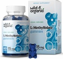 Wild & Organic L-Methylfolate 15mg Gummies - Mood & Brain Support - Brain, Focus, Clarity - Folate Supplement w/Vitamin B9-60 Non-GMO L Mefolate Gummies
