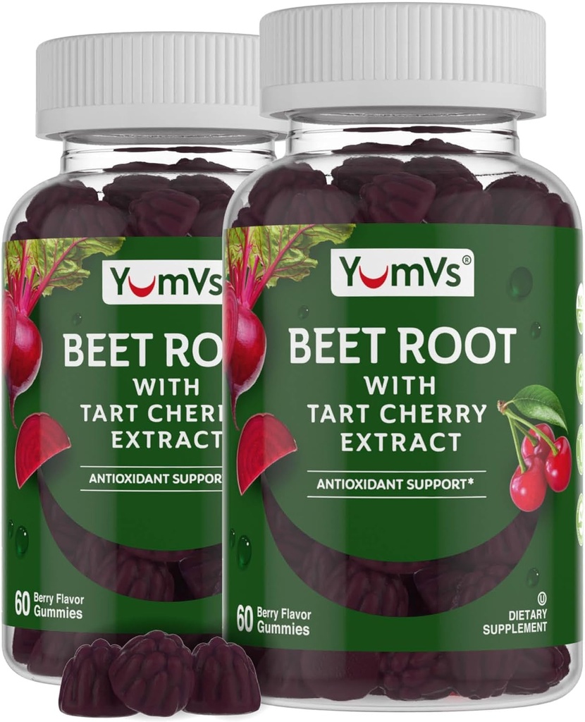 YUM-V'S Beet Root Gummies with Tart Cherry Extract - Berry Flavor Beetroot Gummies - Beet Chews for Blood Circulation and Antioksi Support - Red Beets Gummies Berry 60 Count (Pack of 2)