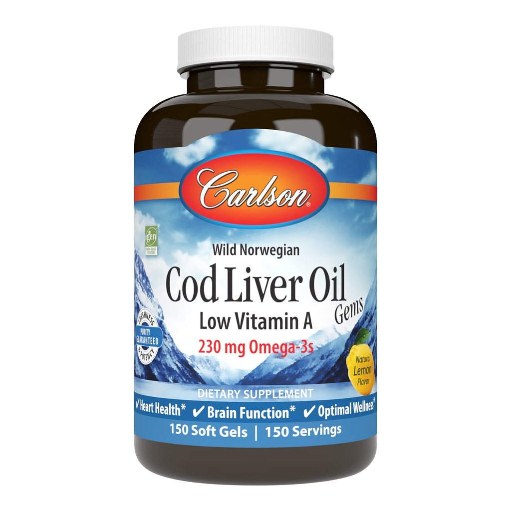 Carlson - Cod Liver Oil Gems, Low Vitamin A, 230 mg Omega-3s, Norveç, Vahşi Caught, Sustainable Sourced, 150 Softgels