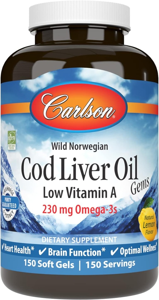 Carlson - Cod Liver Oil Gems, Low Vitamin A, 230 mg Omega-3s, Norveç, Vahşi Caught, Sustainable Sourced, 150 Softgels