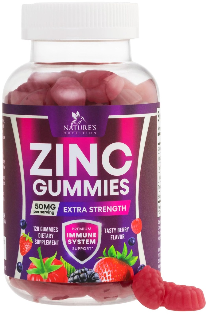 Çinko Gummies 50 mg - Bone Skin & Immune Support Health Gummy & Premium Antioksit Yetişkinler için kullanılabilir - Yüksek Abors Vegan, Gluten Free çinko Supplements Vitamin - Tasty Berry Flavor - 120 Gummies