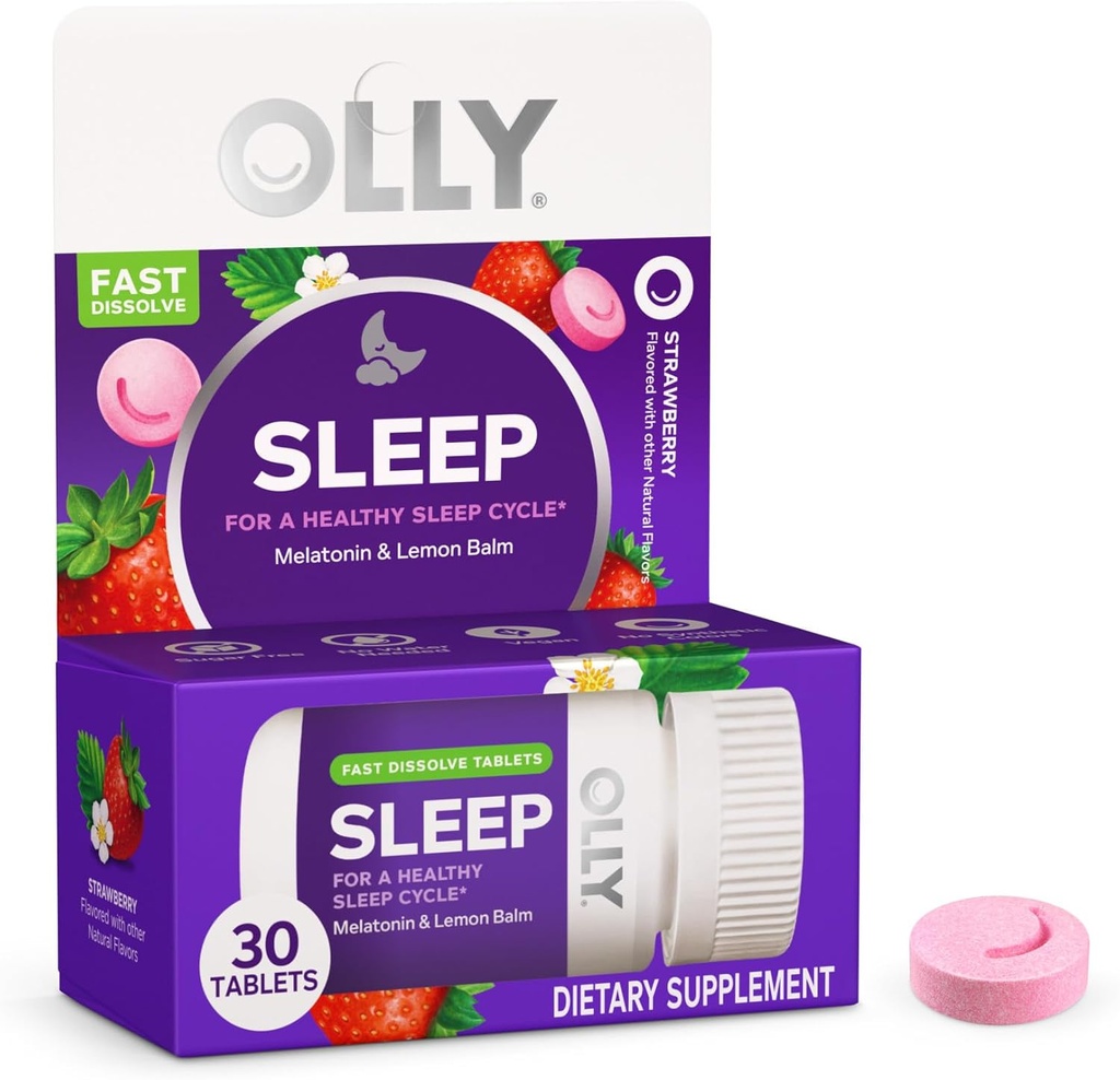 OLLY Sleep Fast Dissolves, 3 mg Melatonin, Lemon Balm, Strawberry Flavor, 30 Day Supply - 30 Count