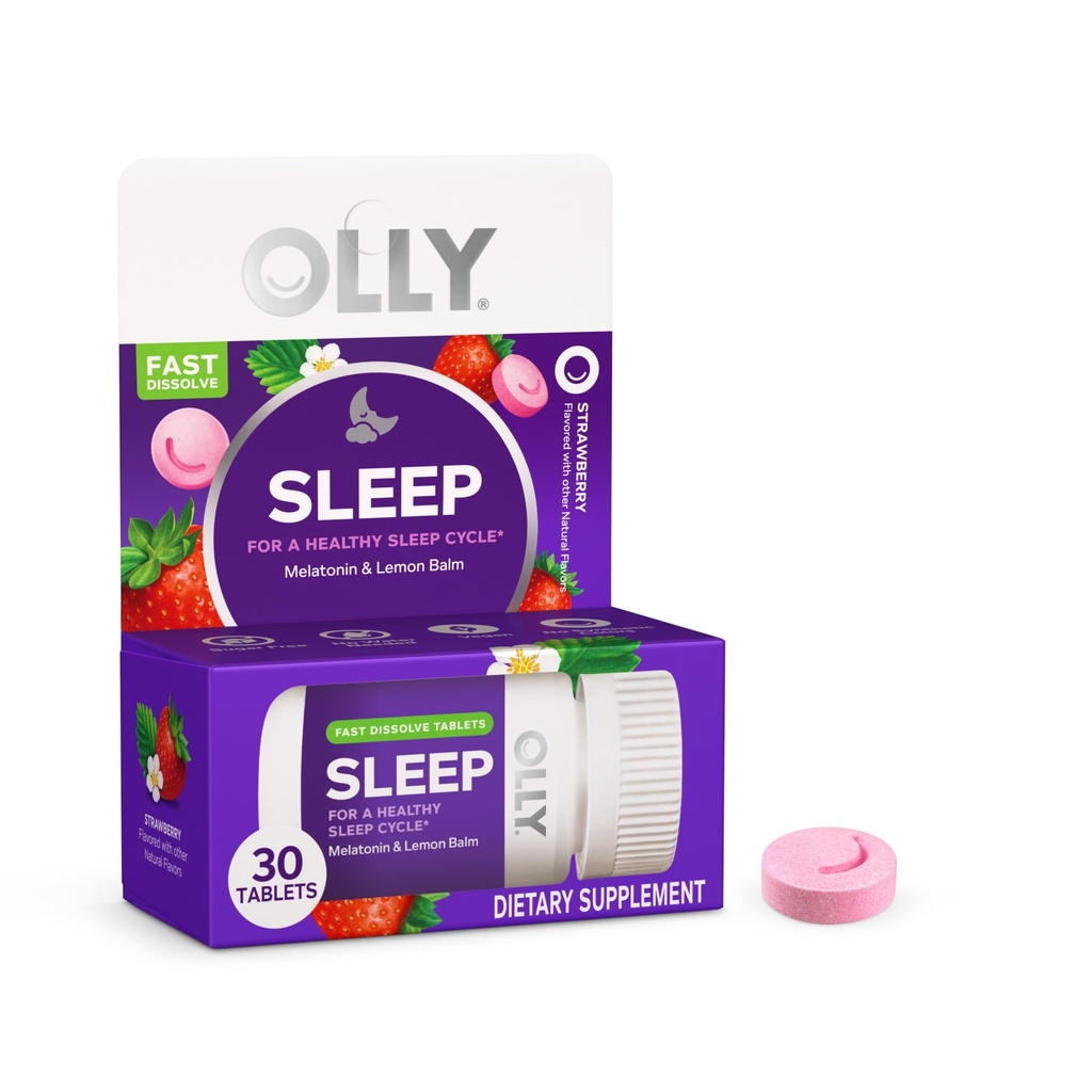 OLLY Sleep Fast Dissolves, 3 mg Melatonin, Lemon Balm, Strawberry Flavor, 30 Day Supply - 30 Count