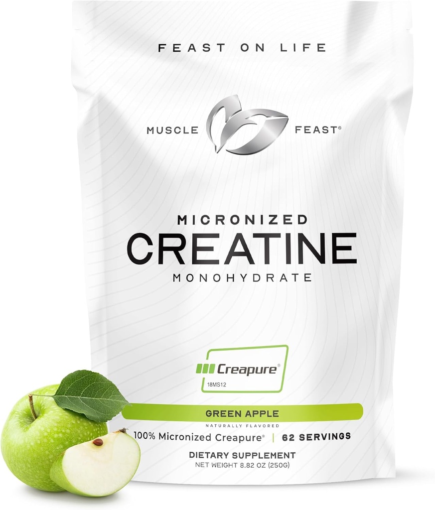 Kas Kreşit Krepure - Microniz Kretine Monohidrat Toz | Premium Pre-Workout veya Post-Workout | Kadın ve Erkekler için Sessizce Kre, Gluten-Free, Güvenli ve Pure (Green Apple, 250g)