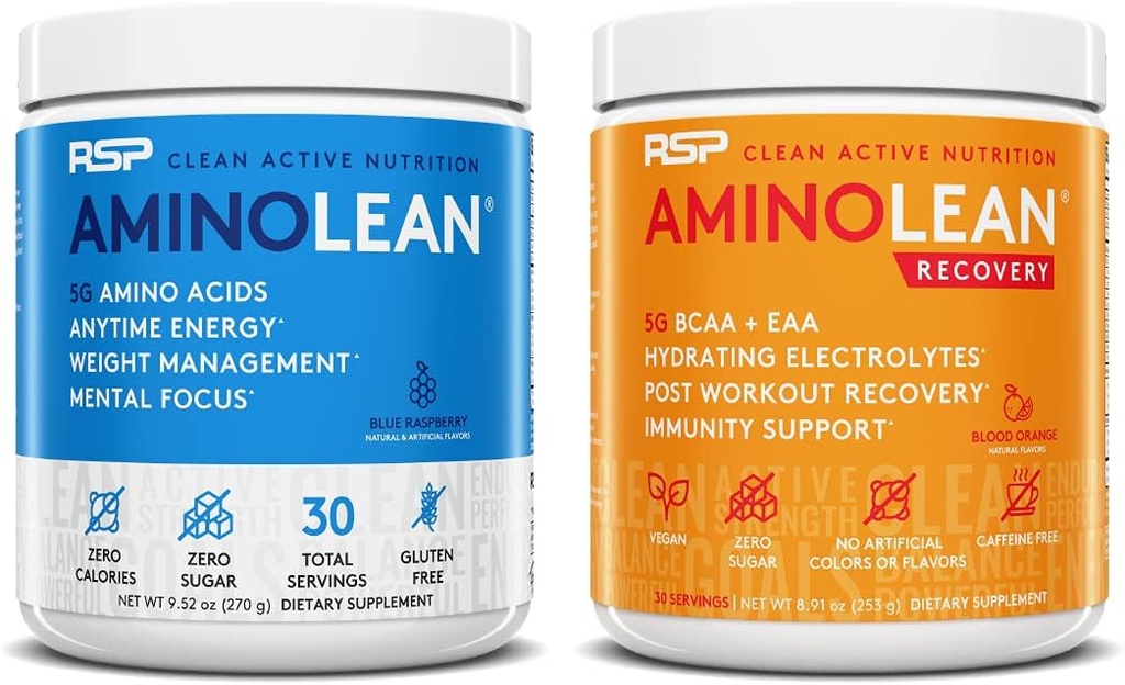 RSP NUTRITION AminoLean Pre Workout Energy (Mavi Raspberry 30 Hizmet) ile BoltLean Recovery Post Workout Boost (Kan Orange 30 Hizmet)