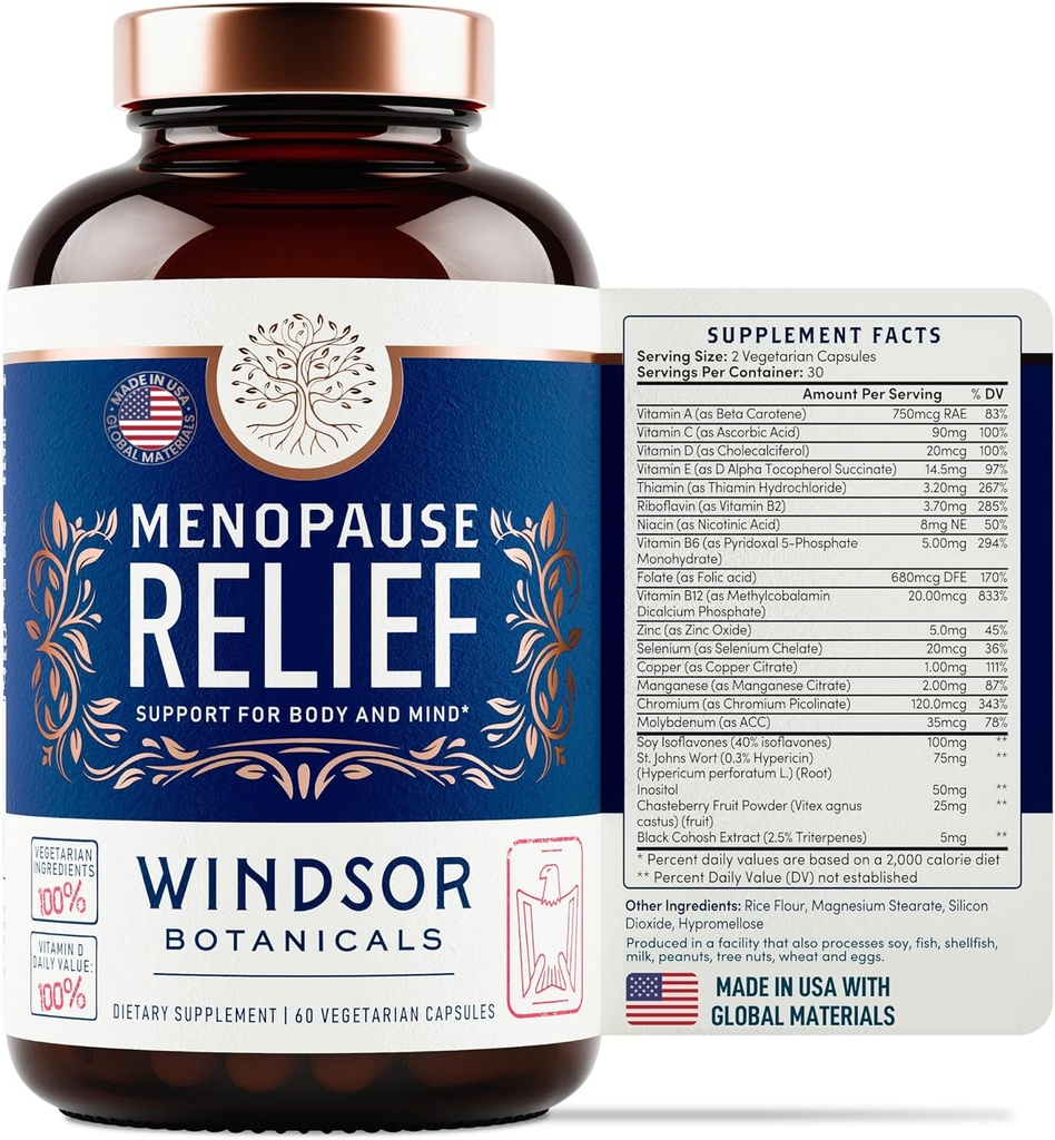 Kadınlar için Menopause Supplements - Windsor Botanicals Multivitamin with Chastebrry, Black Cohosh for Hot Flashes, Menopause Relief and Hormon Balance for Women - 60 Natural Progesterone Estrogen Pills