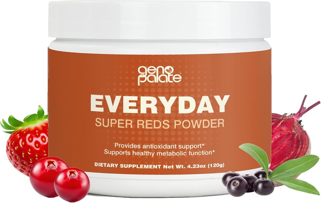 GenoPalate Everyday Super Reds, Αντιοξειδωτικό Superfood Blend με Beet Root, Cranberry, Hibiscus, Acai & Probiotics, Ενεργοποιώντας Πολυφαινόλες για την καρδιά, τον εγκέφαλο & Digestive Υγεία, Vegan, 30 Υπηρεσίες