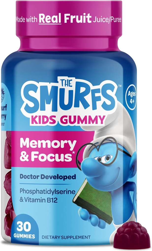 Smurfs Focus Gummies for Kids | Çocuklar Oda ve Dikkat Supplement with Phosphatidylserine | Gerçek Meyve ile Yap | Doktor Geliştir | Non-GMO ve Yapay Flavors veya Renkler | 30 Gummies