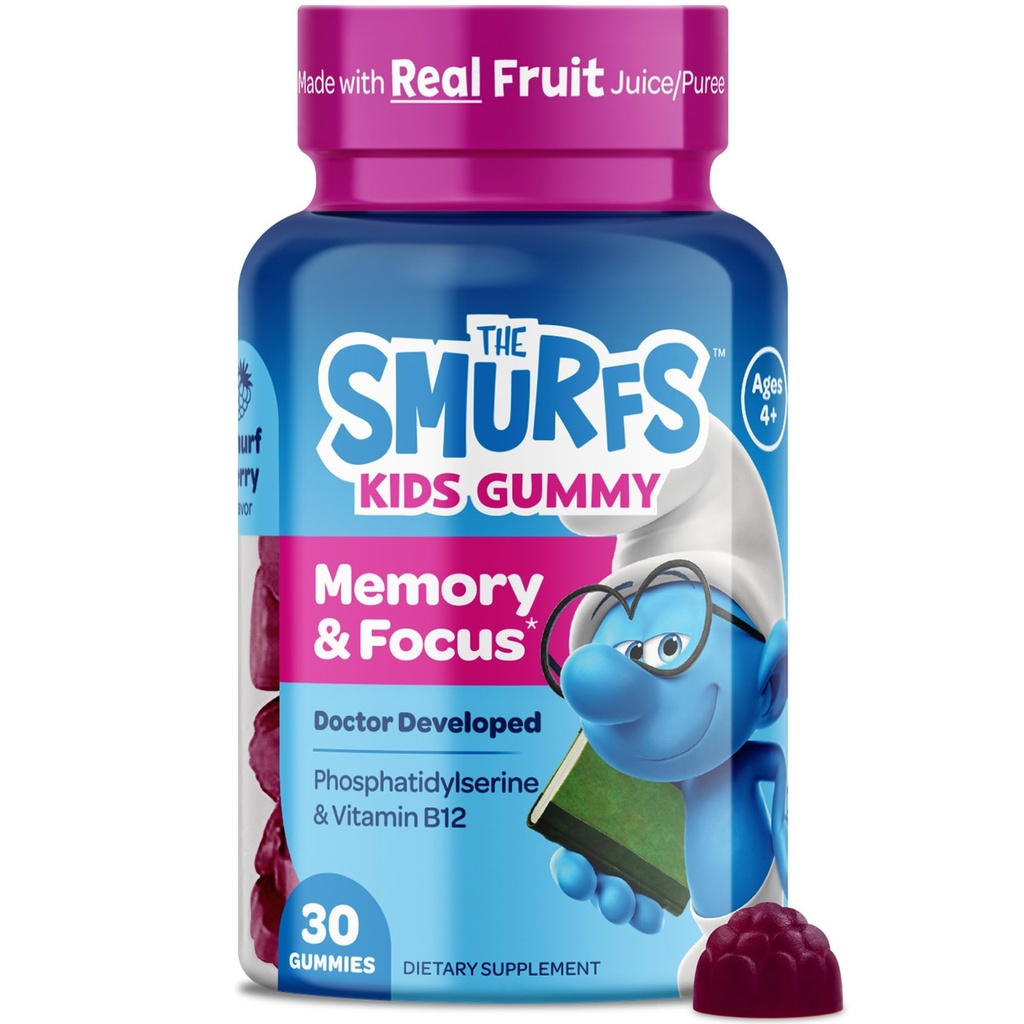 Smurfs Focus Gummies for Kids | Çocuklar Oda ve Dikkat Supplement with Phosphatidylserine | Gerçek Meyve ile Yap | Doktor Geliştir | Non-GMO ve Yapay Flavors veya Renkler | 30 Gummies