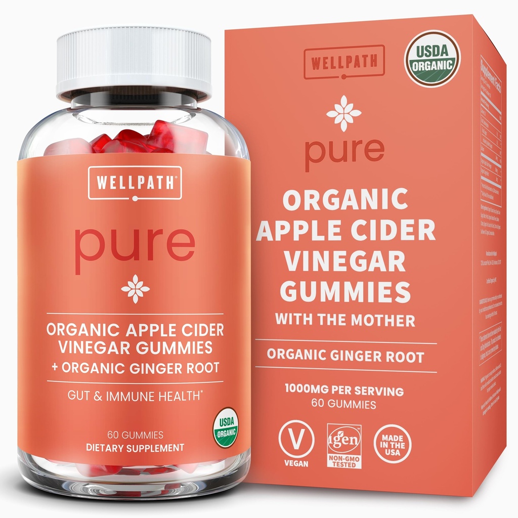 Well Well Pat Organik Apple Cider Vinegar Gummies with The Mother - USDA Organik ACV Gummies - Ginger & Apple Cider Vinegar with Mother for Gut Health - Vegan, Non-GMO, 60 Ct