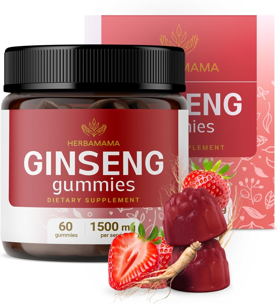 HERBAMAMA Panax Ginseng Gummies - 1500mg Kore Red BTC Enerji Desteği için Kök - Vegan, Non-GMO Red Panax Immune Support Supplement - 60 Pectin-Based Strawberry-Flavored Chews