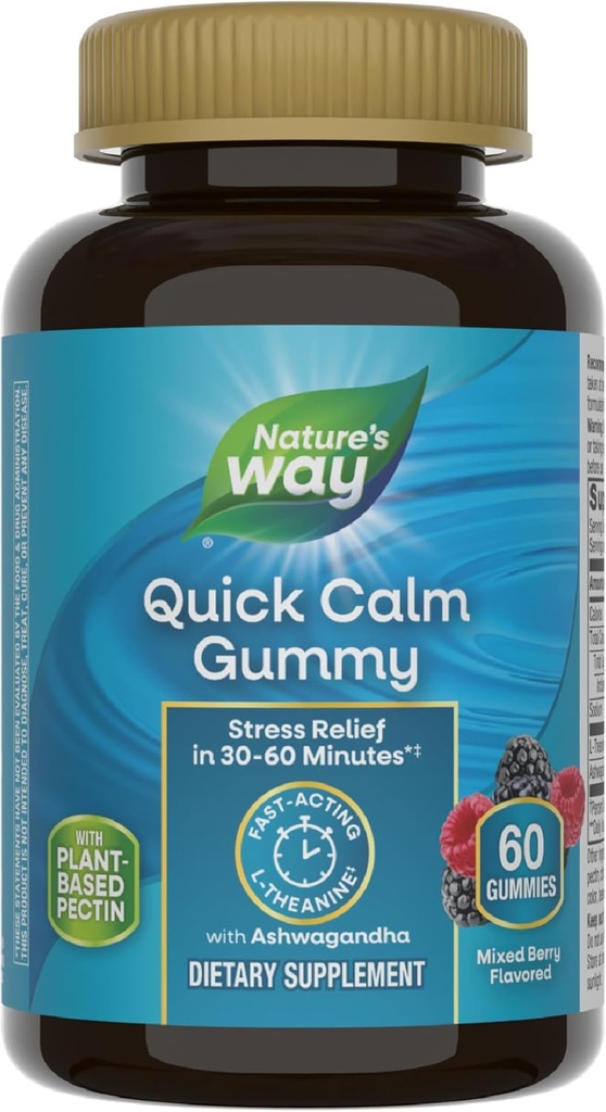 Nature's Way Quick Calm Gummies, L-Theanine for Relaxation*, Fast-Acting, Stress Relief from L-Theanine within 30-60 minutes*, Ashwagandha, Vegetarian, karma Flavored, 60 Gummies