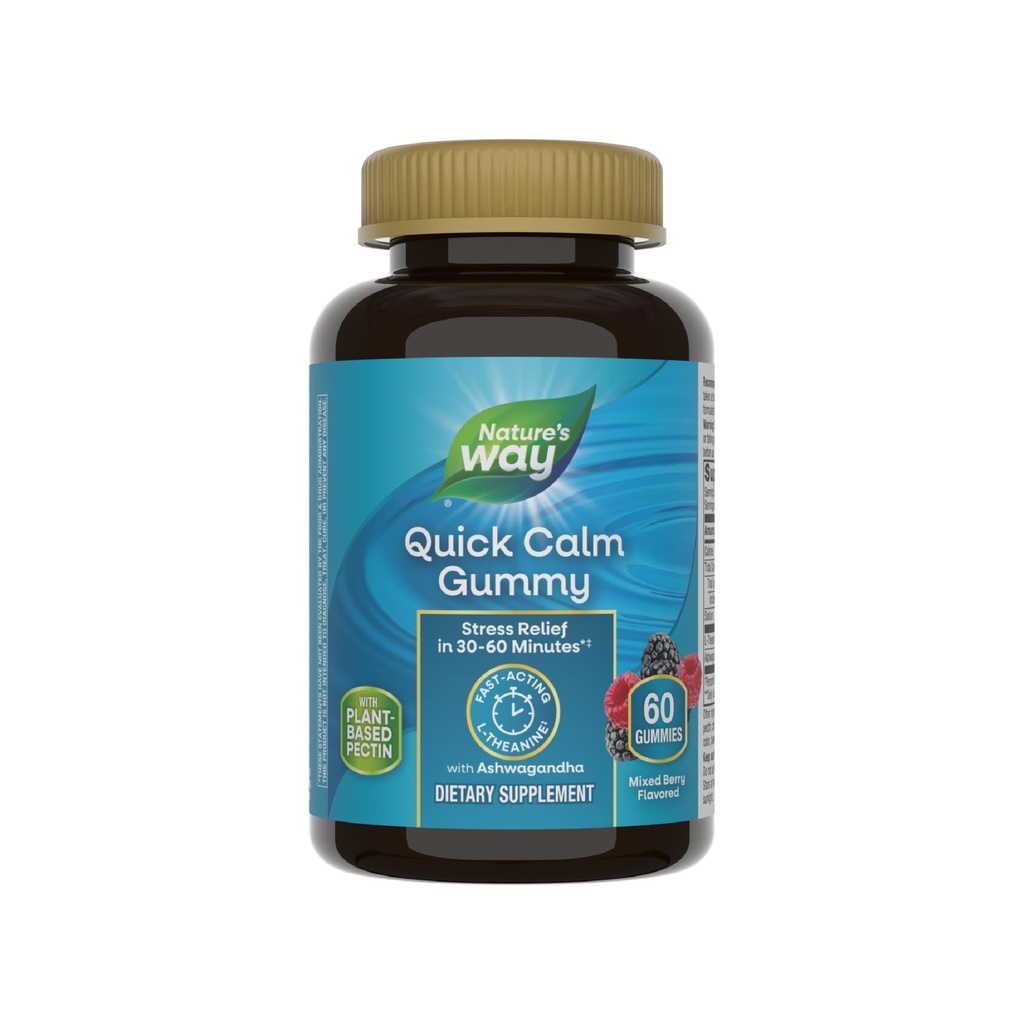 Nature's Way Quick Calm Gummies, L-Theanine for Relaxation*, Fast-Acting, Stress Relief from L-Theanine within 30-60 minutes*, Ashwagandha, Vegetarian, karma Flavored, 60 Gummies