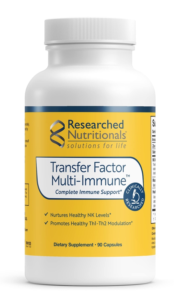 Transfer Factor Multi-Immune Support Supplement - Clinically Researched Immune Support Formula with Colostrum, Mushrooms, Green Tea, and IP-6 - Promotes Healthy NK Cell & T-Cell Function, 90 Capsules